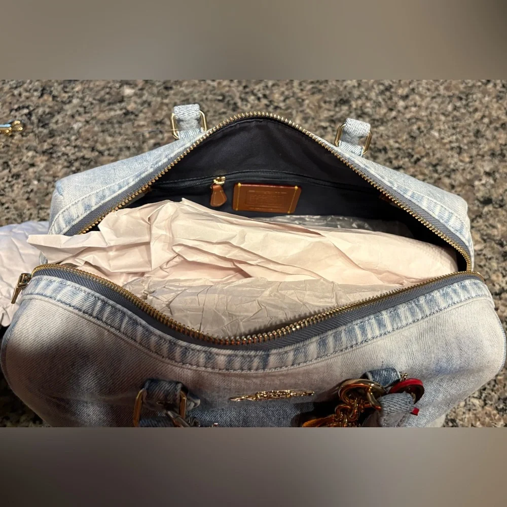 COACH ROWAN LARGE SATCHEL DENIM BAG WITH CHARMS (FREE DENIM WALLET INCLUDED) - Picture 10 of 14